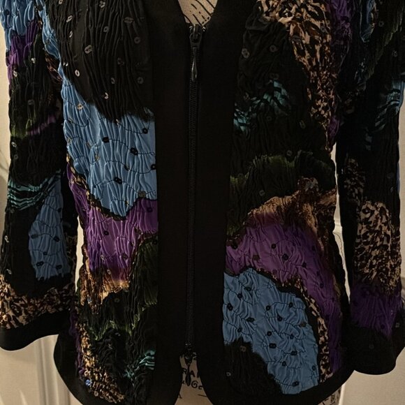 Joseph Ribkoff Jacket Size 12 Black Colorful Print Textured Sequin Zipper Womens - Picture 7 of 8